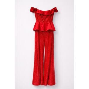 U Lady Juice Evening Jumpsuit Womens Medium Red Sequins Peplum Ruffle Glam Gala